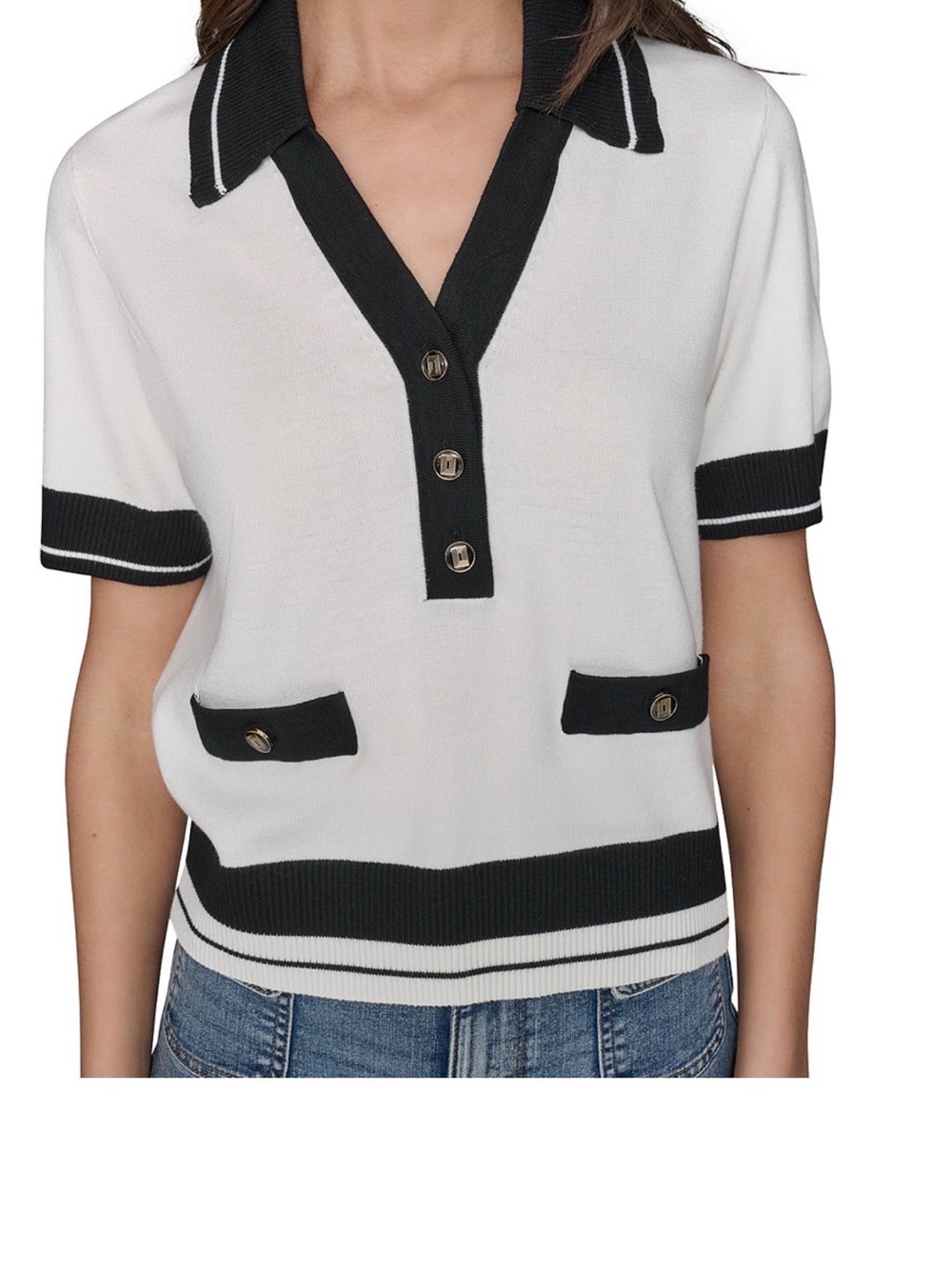 NWT Karl Lagerfeld White Knit Polo Top with Black Trim
